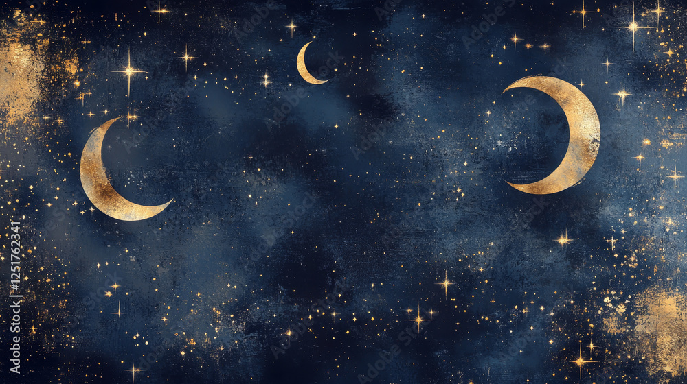 Naklejka premium Mystical Night Sky with Golden Crescent Moons and Sparkling Stars