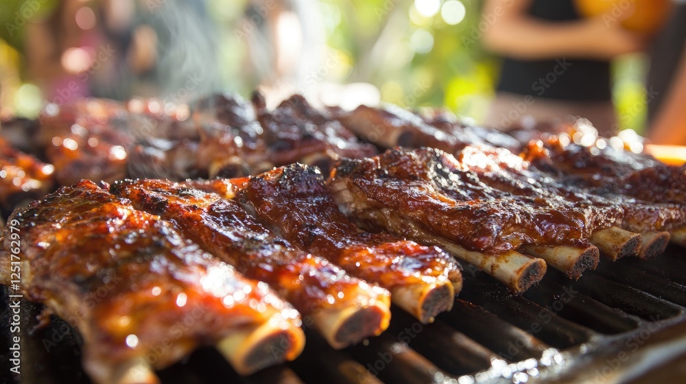 A festive outdoor barbecue scene with a table full of grilled pork ribs, with family and friends enjoying the meal, highlighting the social aspect of dining. A festive outdoor barbecue scene with a table full of grilled pork ribs, with family and friends enjoying the meal, highlighting the social aspect of dining.