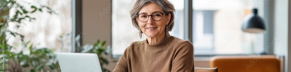 A woman is sitting at a desk with a laptop in front of her. She is smiling and she is enjoying her work A woman is sitting at a desk with a laptop in front of her. She is smiling and she is enjoying her work