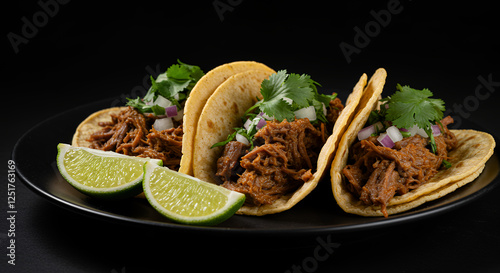 Delicious Tacos: Authentic Mexican Street Food with Pulled Meat, Cilantro, Onion & Fresh Lime! Celebrate Taco Tuesday! photo