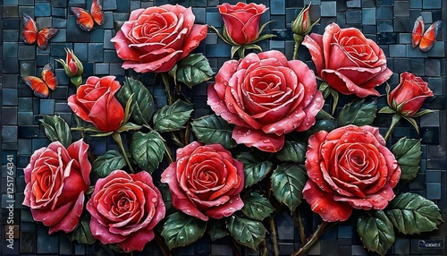 Vibrant Red Roses with Butterflies in Mosaic-Style Digital Art