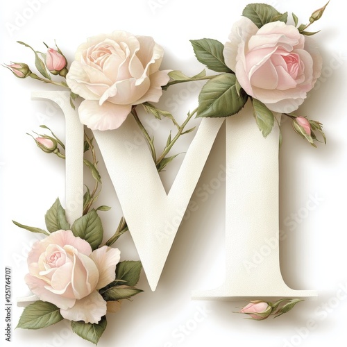 Floral script letter M entwined with delicate roses on a white background showcasing elegance and beauty