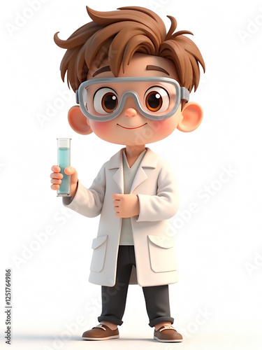 Cheerful Cartoon Scientist Boy Holding Test Tube in Laboratory