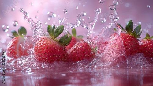 Fresh strawberries splashing in water, pink backdrop