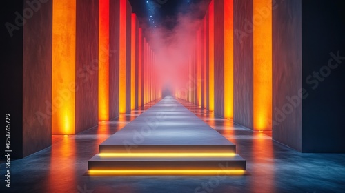 Runway, illuminated, stage, fashion, show,  orange, lights, smoky, background, event