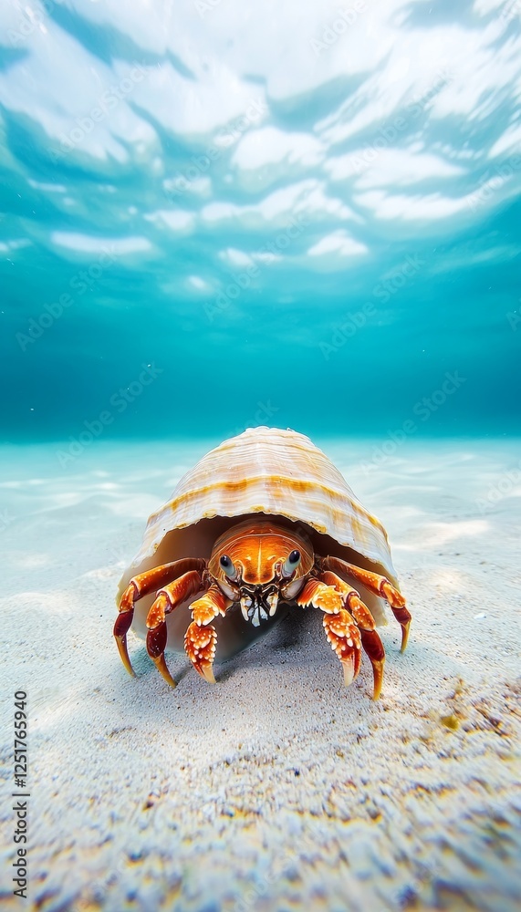 A realistic image of a hermit crab emerging from its shell on a serene sandy ocean floor A realistic image of a hermit crab emerging from its shell on a serene sandy ocean floor