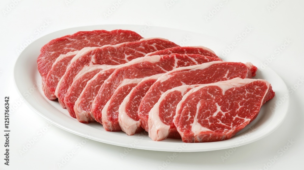 A high-definition image of a steak cut into slices, revealing its juicy interior, arranged neatly on a white plate with a clean, white background. A high-definition image of a steak cut into slices, revealing its juicy interior, arranged neatly on a white plate with a clean, white background.