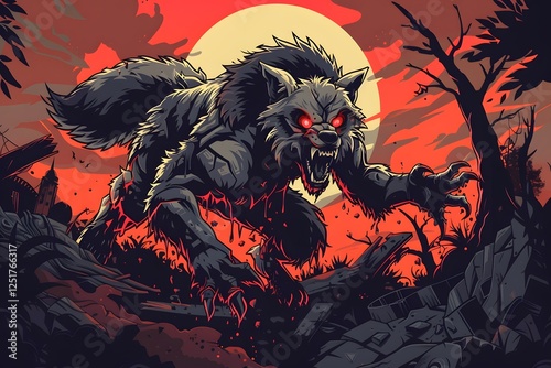 Terrifying werewolf howling at the blood-red moon in a dark eerie forest, fantasy horror creature design.