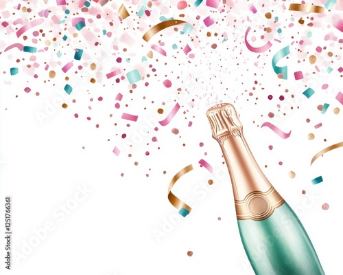 Celebrate with sparkling champagne bottle, confetti, and festive colors