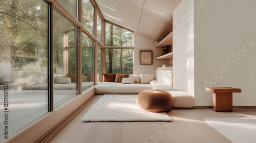 Salon minimaliste moderne avec vue sur forêt, design japonais zen et lumière naturelle photo