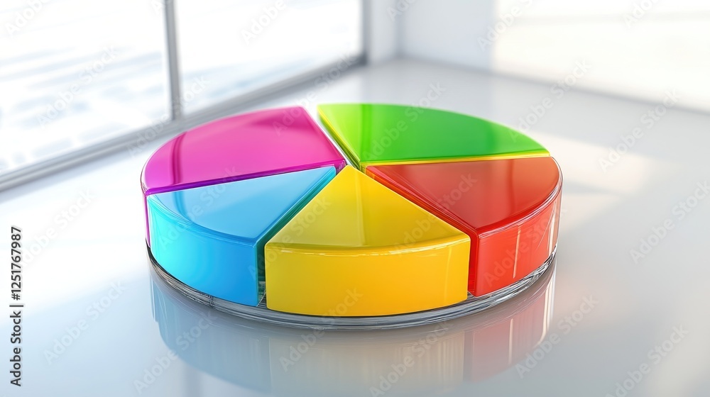 Fototapeta premium A modern D pie chart with colorful, glass-like slices rotating slightly, highlighting key data points in a business or financial presentation setting.
