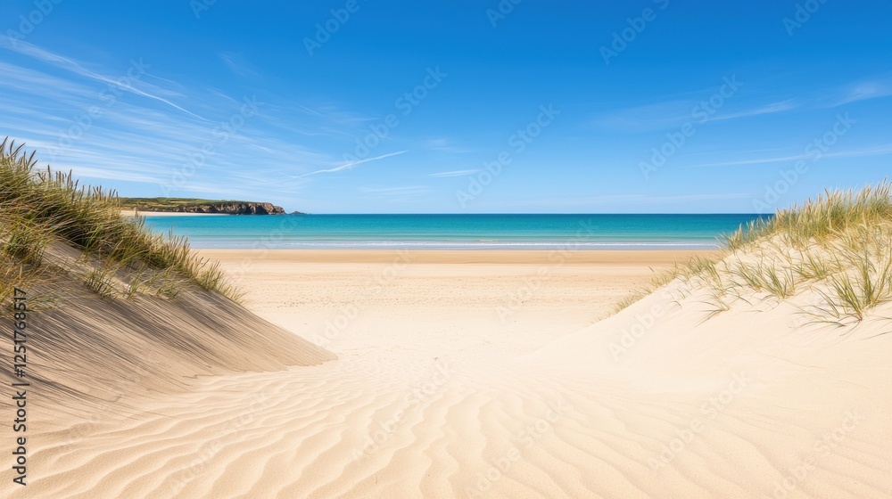 Fototapeta premium Relaxing beach day at tranquil coastal dunes nature photography calm ocean and sandy shore serene environment wide viewpoint coastal escape