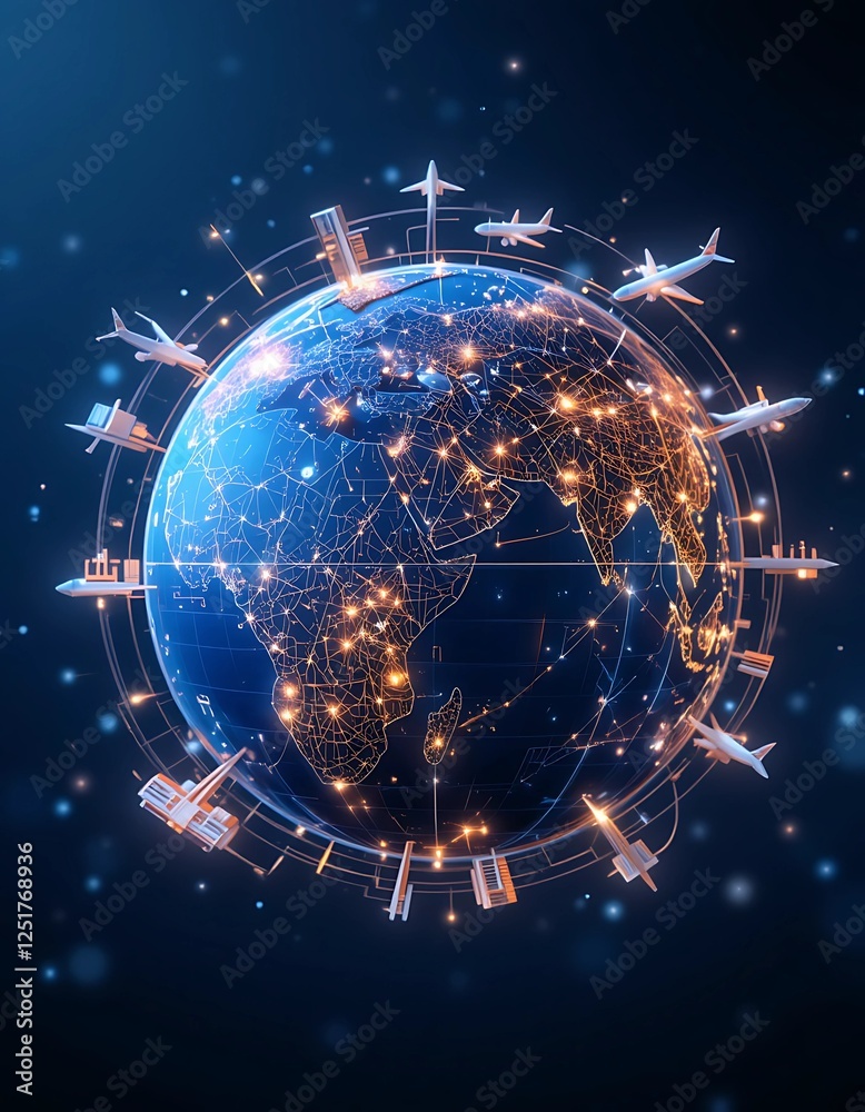Obraz premium 3D render of a globe with glowing lines connecting major cities, symbolizing global trade. Floating around it are icons like cargo ships, airplanes, and currency symbols