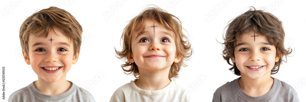 A Set of Happy Children with Forehead Ash Crosses Isolated on Transparent Background A Set of Happy Children with Forehead Ash Crosses Isolated on Transparent Background