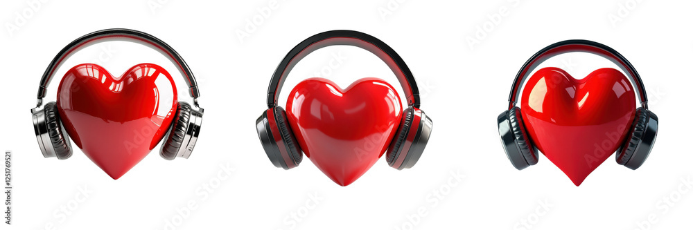 A Set of Vibrant Red Hearts with Sleek Wireless Headphones Isolated on Transparent Background A Set of Vibrant Red Hearts with Sleek Wireless Headphones Isolated on Transparent Background