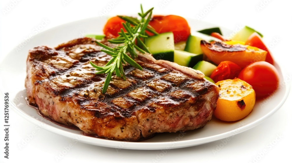 A perfectly cooked steak served on a pristine white plate, with a side of fresh vegetables and a sprig of rosemary, set against a clean, white background. A perfectly cooked steak served on a pristine white plate, with a side of fresh vegetables and a sprig of rosemary, set against a clean, white background.