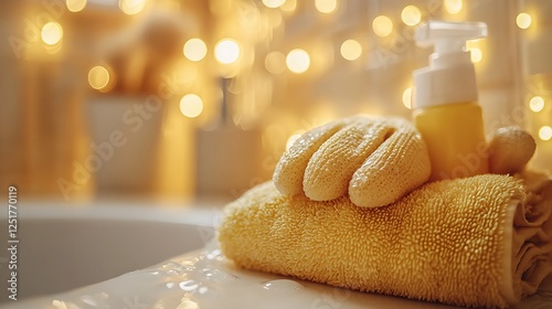 Close-up of cleaning gloves holding a spray bottle, droplets glistening on the nozzle, blurred tiles and soap holder in the background, warm lighting adding a cozy touch, clean and diligent mood