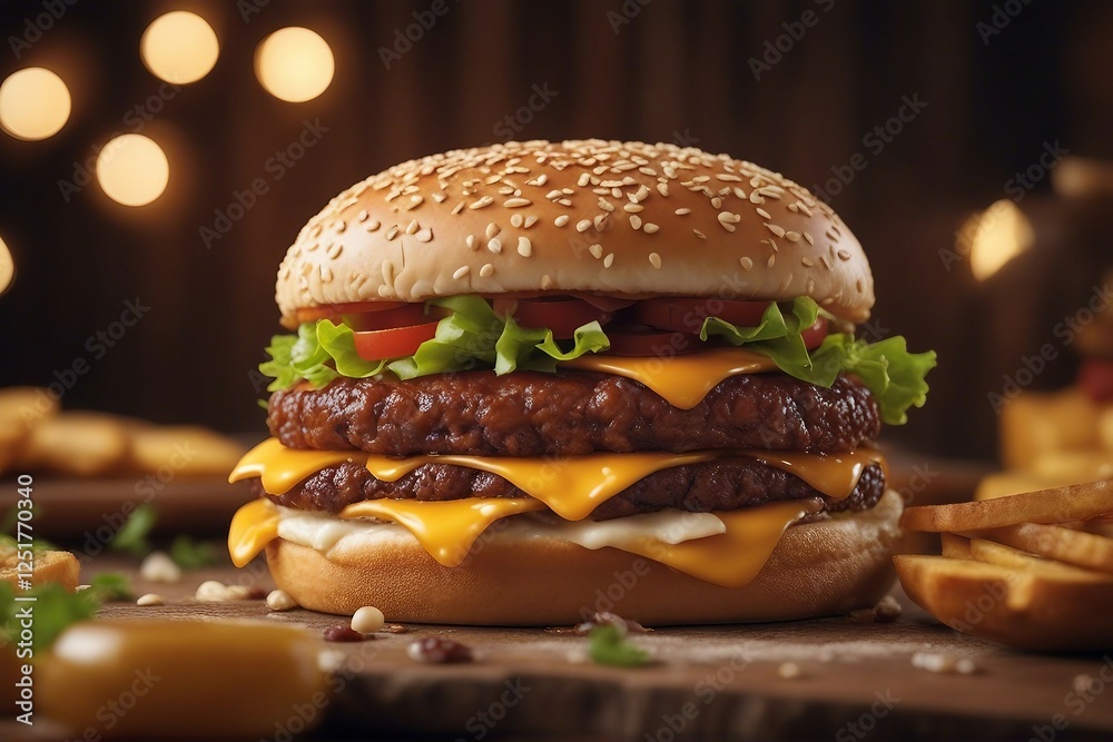 A Delicious Burger Artfully Presented on a Wooden Surface. Generative AI A Delicious Burger Artfully Presented on a Wooden Surface. Generative AI
