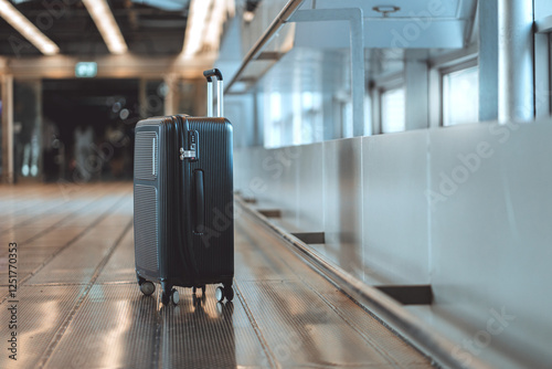 Fototapeta Naklejka Na Ścianę i Meble -  Traveler plastic suitcases in the departure airport, Luggage Bags Waiting At Terminal, Air traveling and vacation booking concept, copy space