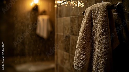 Wallpaper Mural A freshly cleaned shower area, tiles glistening with moisture, blurred view of a towel hanging in the background, soft ambient lighting for a serene effect, neat and orderly atmosphere Torontodigital.ca