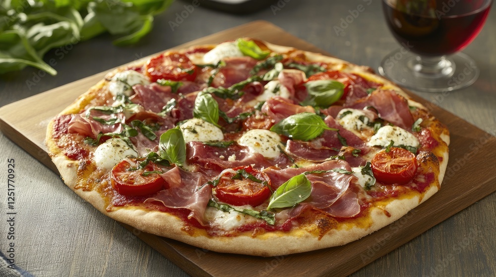 A rustic Italian pizza topped with fresh ingredients like tomatoes, mozzarella, basil, and prosciutto, artfully presented on a wooden board with a glass of red wine alongside. A rustic Italian pizza topped with fresh ingredients like tomatoes, mozzarella, basil, and prosciutto, artfully presented on a wooden board with a glass of red wine alongside.