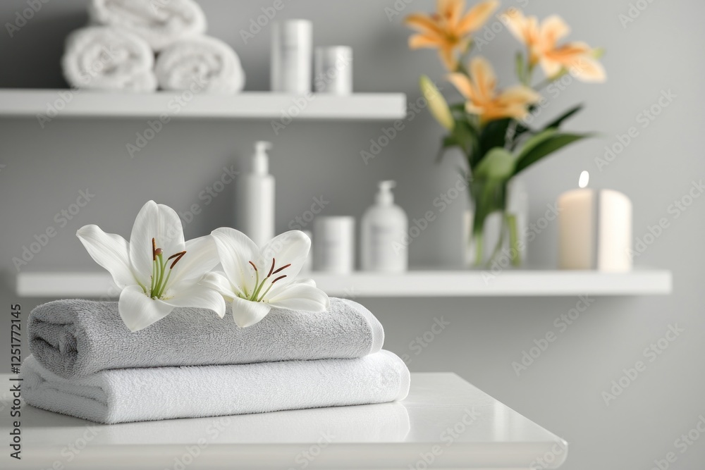 Spa setting with lilies on towels. Spa setting with lilies on towels.