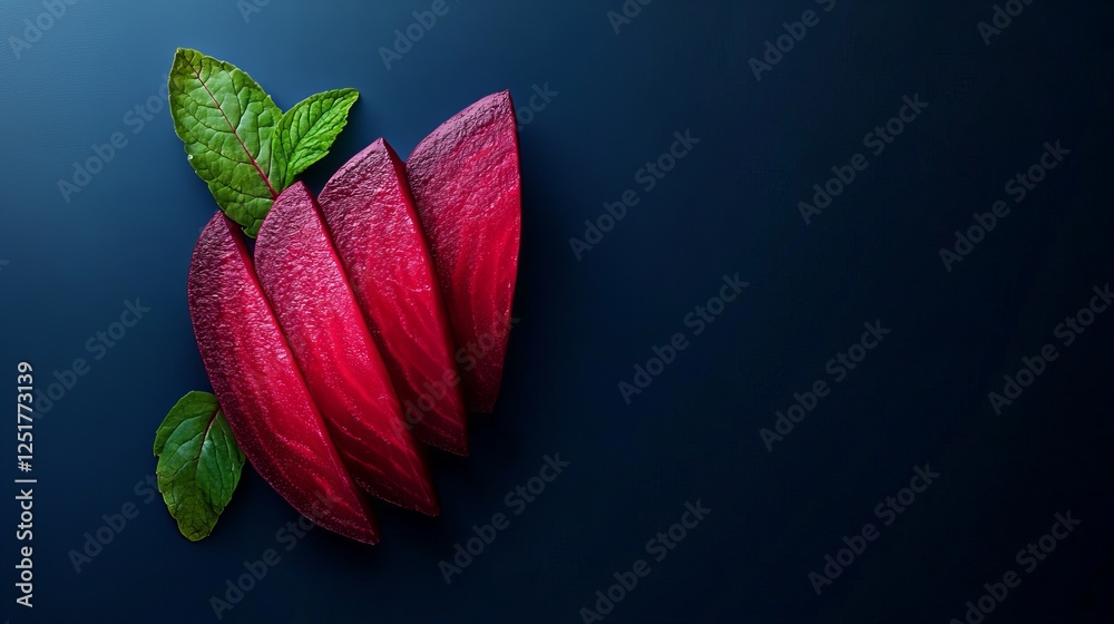 Obraz premium Sliced beetroot arranged with green leaves on a dark blue background. Minimalist composition with vibrant colors.