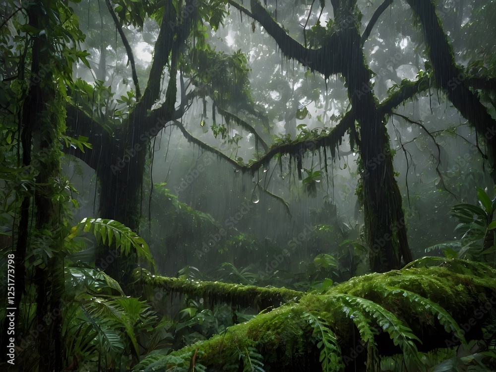 Naklejka premium Lush Rainforest in the Rain Mossy Trees Tropical Jungle