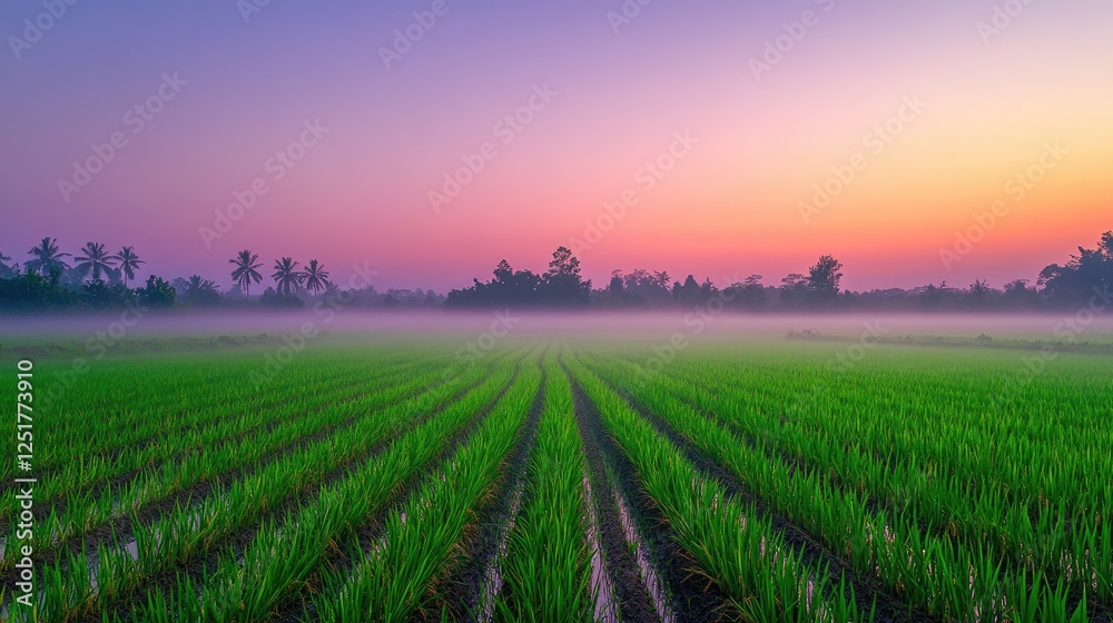 A serene image of rice fields reflecting the soft hues of dawn, with mist rising from the ground, capturing the tranquility of rural mornings A serene image of rice fields reflecting the soft hues of dawn, with mist rising from the ground, capturing the tranquility of rural mornings
