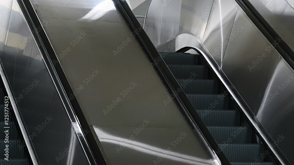 Obraz premium Station escalators. Empty escalator steps, moving staircase