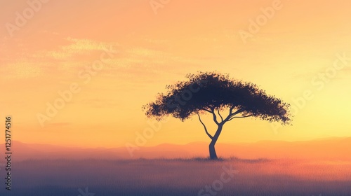 A serene silhouette of a lone tree against a pastel-colored sky at dawn, with delicate branches outlined against the soft, gradient background.