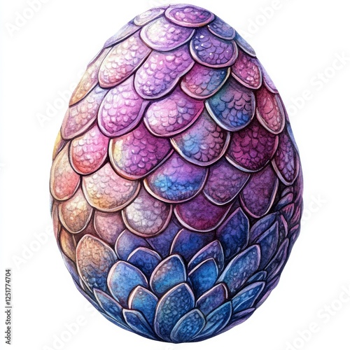 vibrant dragon egg with colorful scales in shades of purple and blue, showcasing intricate details and mystical appearance photo