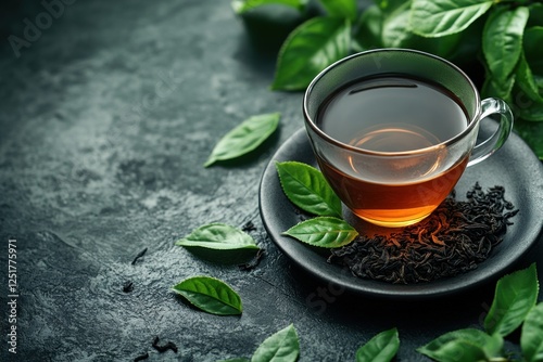 A close-up of a glass cup filled with brewed tea sits on a dark plate, complemented by fresh and dried tea leaves nearby