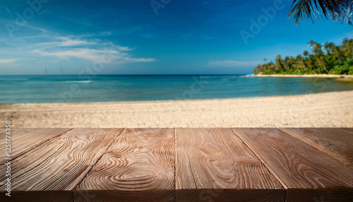 empty desk on the beach with replica area background photo