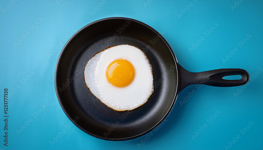 fried egg on a black skillet towards a mild blue background fried egg on a black skillet towards a mild blue background