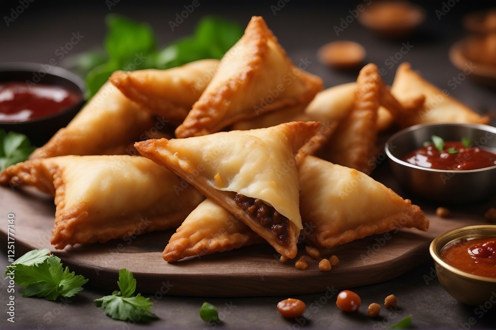 A Detailed Photograph of Crispy, Golden Deep-Fried Samosas Served with a Side of Flavorful Dipping Chutney. Generative AI A Detailed Photograph of Crispy, Golden Deep-Fried Samosas Served with a Side of Flavorful Dipping Chutney. Generative AI