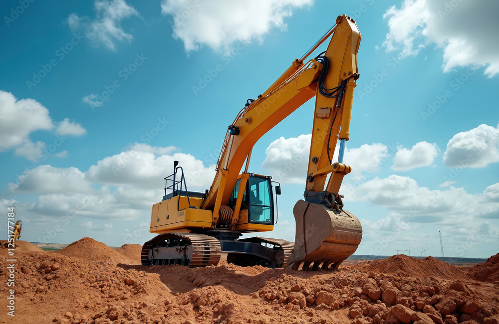 Big yellow excavator digs ground on construction site with cloudy sky. Earthmover works with soil. Heavy equipment is used for building road. Landmoving machine doing excavation. Big yellow excavator digs ground on construction site with cloudy sky. Earthmover works with soil. Heavy equipment is used for building road. Landmoving machine doing excavation.