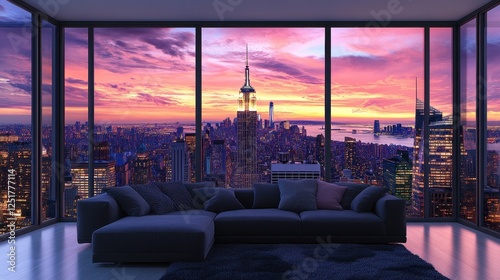 Modern Living Room with Panoramic City View at Sunset in a Large City with Urban Architecture And Furnishings in Interior Design with a Cozy Ambiance