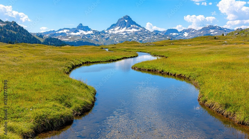 Fototapeta premium Breathtaking mountain reflection in serene river cascade mountains nature photography tranquil landscape panoramic view scenic beauty