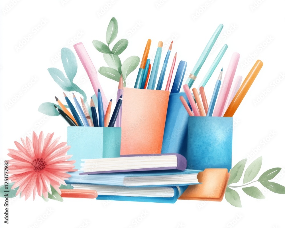 Fototapeta premium Colorful stationery and art supplies arranged with flowers create vibrant workspace