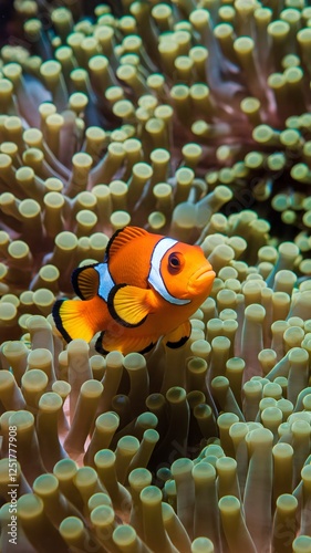 Colorful clownfish swimming among vibrant sea anemone in a stunning underwater scene.