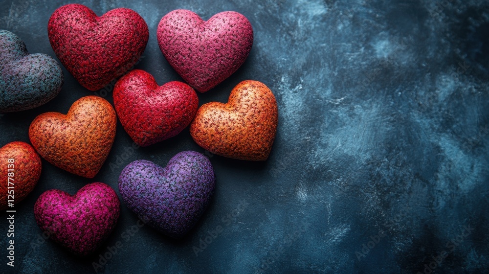 Colorful heart-shaped stones on dark textured background for valentine's or artistic decor Colorful heart-shaped stones on dark textured background for valentine's or artistic decor