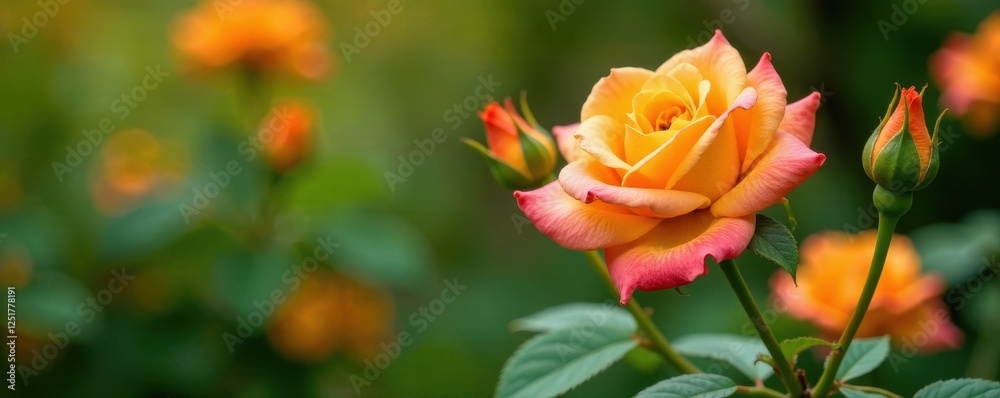 Orange rose bush with yellow leaves and green stems, plants, hybrid tea, Orange rose bush with yellow leaves and green stems, plants, hybrid tea,