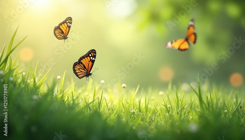 Butterflies fly above fresh green grass field on sunny spring day. Insect pollination in summer meadow. Nature landscape with monarch, daisy flowers, bright sunshine and rich greenery.