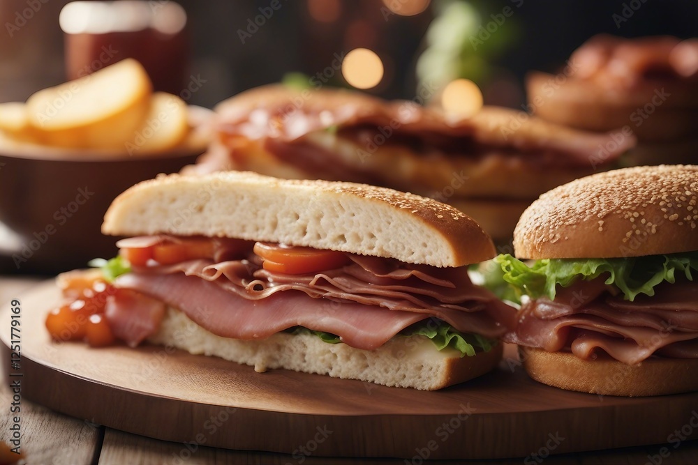 Delicious Sandwich with Layers of Ham, Beef, and Bacon. Generative AI Delicious Sandwich with Layers of Ham, Beef, and Bacon. Generative AI