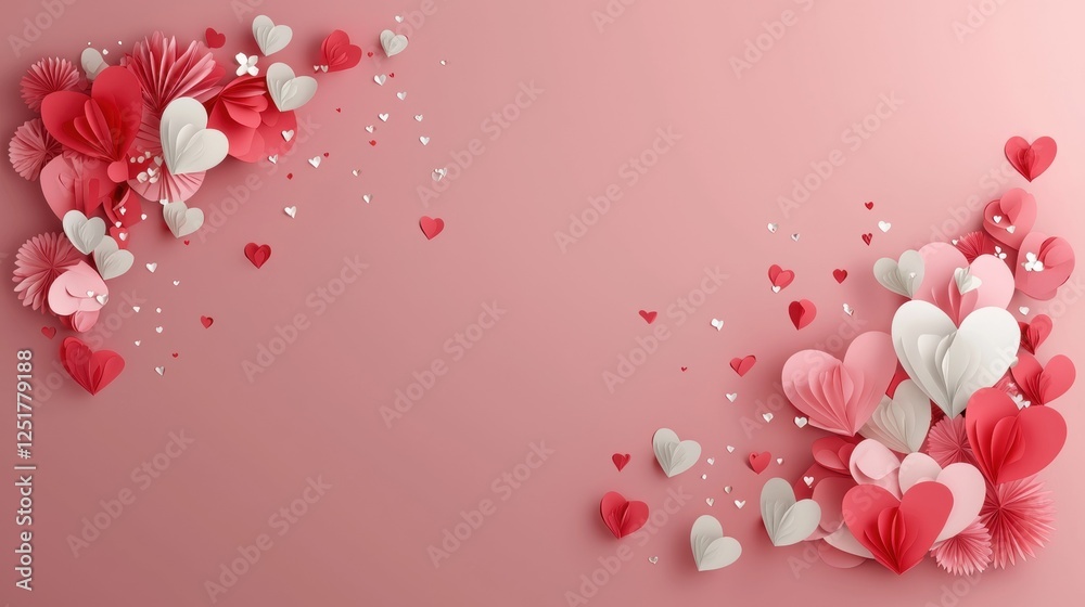 Romantic paper heart design on pink background with floral elements and white accents Romantic paper heart design on pink background with floral elements and white accents