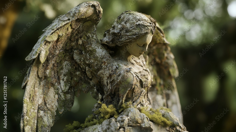 Beautifully weathered stone angel sculpture surrounded by moss in a tranquil garden setting Beautifully weathered stone angel sculpture surrounded by moss in a tranquil garden setting