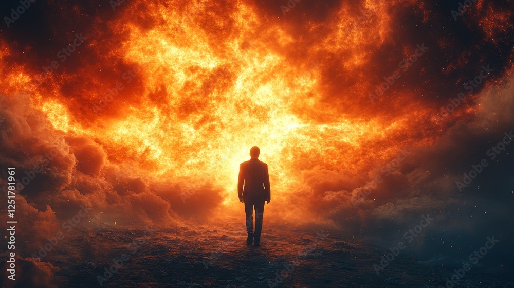 A man stands in front of a fiery explosion A man stands in front of a fiery explosion
