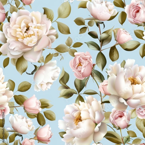 Elegant floral pattern featuring soft pastels and delicate peonies and roses for a sophisticated spring-inspired background