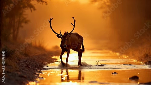 Deer Walking Through Shallow Water at Golden Sunset Slow Motion